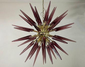 Purple Murano Acrylic Sputnik Chandelier, Mid Century Modern Brass Starburst Light