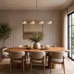 4-Light Brass Linear Chandelier, Cream Dome Shade, Mid-Century Modern Ceiling Fixture