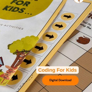 Peut inclure: Feuilles d'activités éducatives pour enfants avec le texte "CODING FOR KIDS..." et "Digital Download". Les feuilles présentent des flèches, un graphique d'arbre et une grille avec une illustration de souris, conçues pour enseigner les concepts de codage.