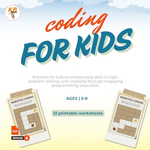 Könnte beinhalten: Werbebild für "Coding for Kids" mit orangefarbenem und blauem Text. Das Bild zeigt zwei Arbeitsblätter mit einem Labyrinth und dem Text "Robotics Coding". Das Bild enthält auch die Angaben "12 druckbare Arbeitsblätter" und "Alter 3-8".