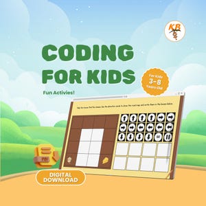 May include: A digital download for kids aged 3-8, featuring a coding activity. The image shows a computer screen with a maze and direction cards. Text includes "Coding for Kids," "Fun Activities," and "Digital Download."