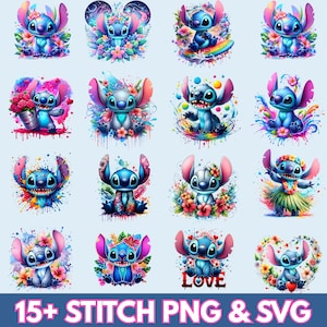 12 Stitch Splash and Watercolor Clipart, PNG Digital Design, High Resolution, Sublimation, Commercial Use