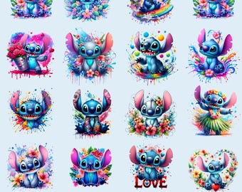 12 Stitch Splash and Watercolor Clipart, PNG Digital Design, High Resolution, Sublimation, Commercial Use