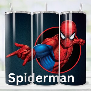 May include: A stainless steel tumbler featuring the superhero Spider-Man. The design showcases Spider-Man in his iconic red and blue suit, with the word "Spiderman" in white. The tumbler includes a straw and a black lid.