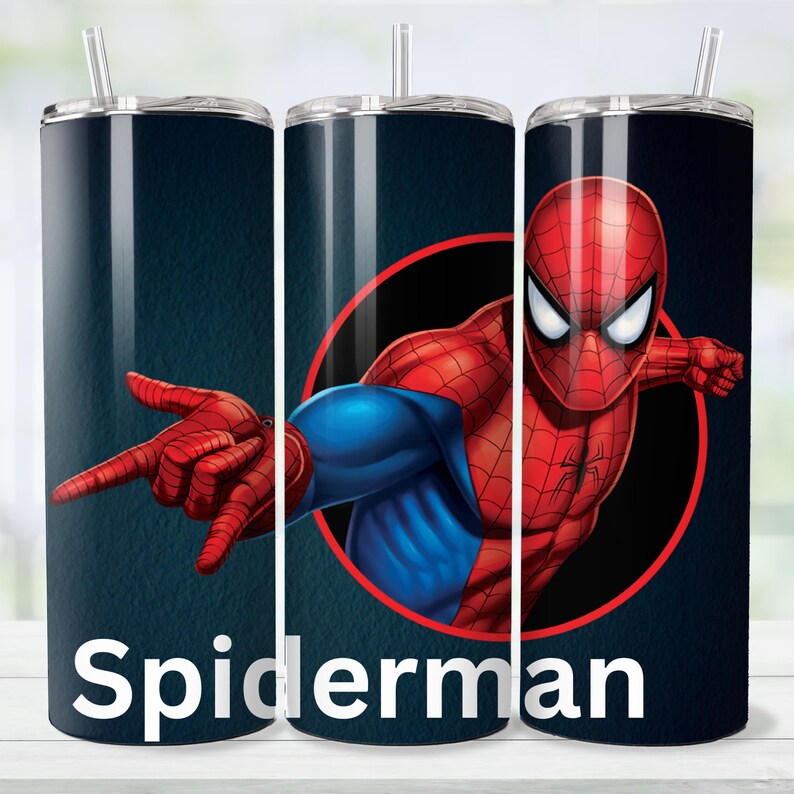 May include: A stainless steel tumbler featuring the superhero Spider-Man. The design showcases Spider-Man in his iconic red and blue suit, with the word "Spiderman" in white. The tumbler includes a straw and a black lid.