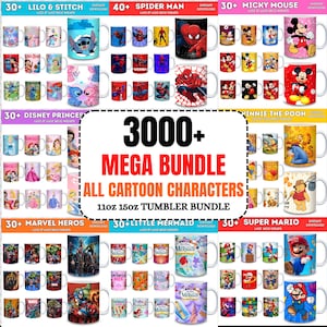 Könnte beinhalten: Eine Sammlung von Tassen mit Cartoon-Charakteren wie Lilo & Stitch, Spider-Man, Mickey Mouse, Disney-Prinzessinnen, Winnie the Pooh, Marvel-Helden, Meerjungfrau und Super Mario. Das Bild wirbt für ein Mega-Bundle von über 3000 Becher-Wraps mit 312ml und 444ml.