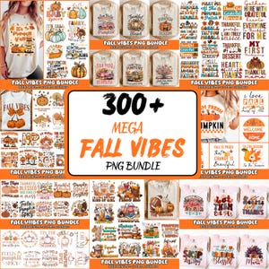 Puede incluir: Una colección de diseños PNG con temática otoñal, que incluyen gráficos para camisetas, con calabazas, hojas de otoño y frases como "Fall Vibes" y "Thankful". El paquete incluye más de 300 diseños.