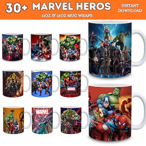 May include: Collection of white ceramic mugs featuring various Marvel superheroes. The mugs display colorful graphics of characters like Hulk, Captain America, and Iron Man. Text at the top reads "30+ MARVEL HEROES" and "11OZ & 15OZ MUG WRAPS".