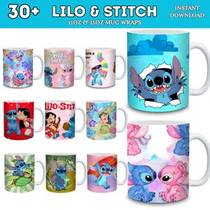 30+ Stitch muggomslagspaket | Tecknade figurer omslag | 11oz och 15oz sublimeringspaket, direktnedladdning bild 1