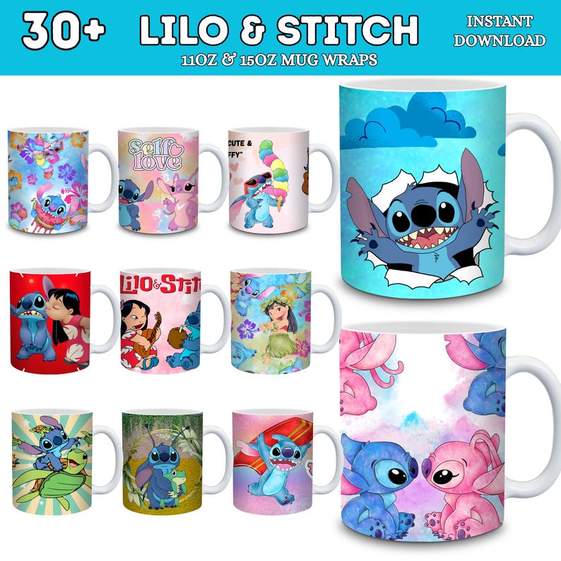 30+ Stitch muggomslagspaket | Tecknade figurer omslag | 11oz och 15oz sublimeringspaket, direktnedladdning bild 1