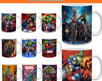 30+ Marvel Superheroes muggomslagspaket | Avengers 11oz och 15oz muggomslag | Superhjälte sublimeringsdesigner, omedelbar nedladdning
