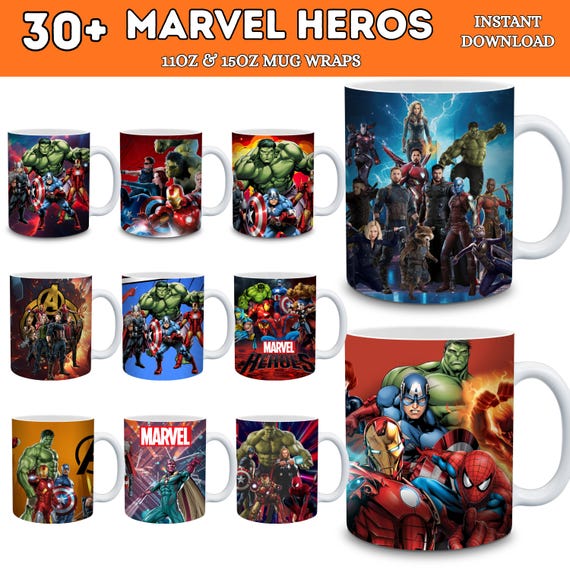 30+ Marvel Superheroes Mug Wrap Bundle | Avengers 11oz & 15oz Mug Wraps | Superhero Sublimation Designs, Instant Download