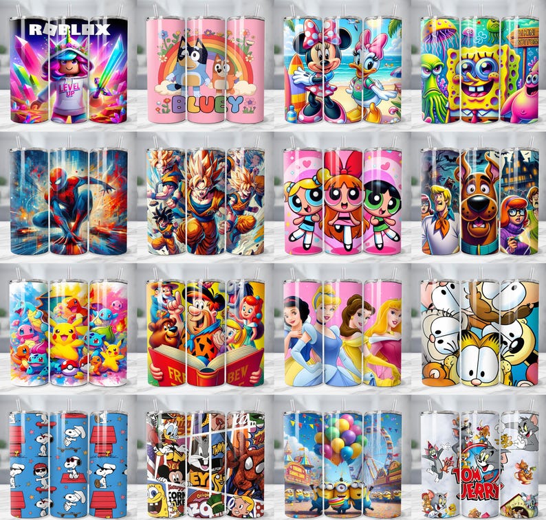 May include: A collection of colorful 20 oz tumblers featuring various cartoon characters and designs. The tumblers showcase characters from popular franchises like Roblox, Bluey, and SpongeBob SquarePants. Each tumbler has a straw and a lid.
