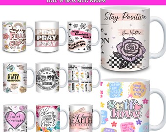 20 + tägliche Erinnerungen Mug Wrap Bundle, 11 Unzen und 15 Unzen Tassenvorlage, Motivationstasse, tägliche Affirmationen Tasse, mentale Becher PNG-Dateien
