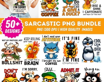 Sarkastiska djur PNG-paket, söta djur med humoristiska citat, sarkastiska sublimeringsdesigner för t-shirts, muggar och hantverk, roliga djur-tröjor PNG