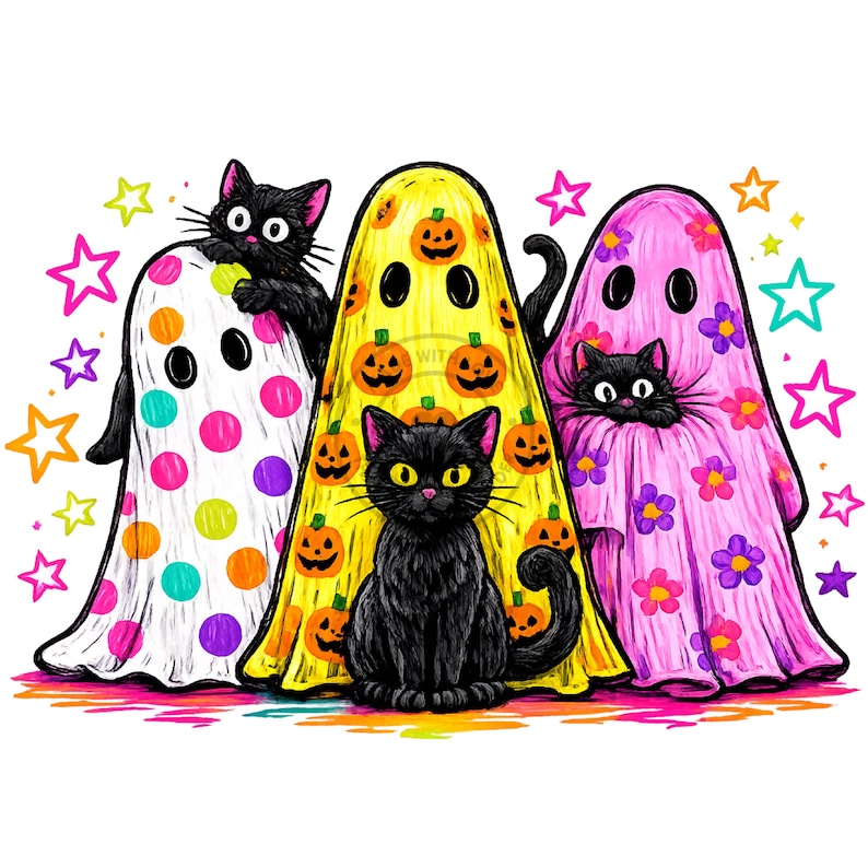 May include: A digital illustration featuring three black cats. One cat wears a white sheet with colorful polka dots, another wears a yellow sheet with pumpkin prints, and the third wears a pink sheet with floral patterns. Bright stars surround them.