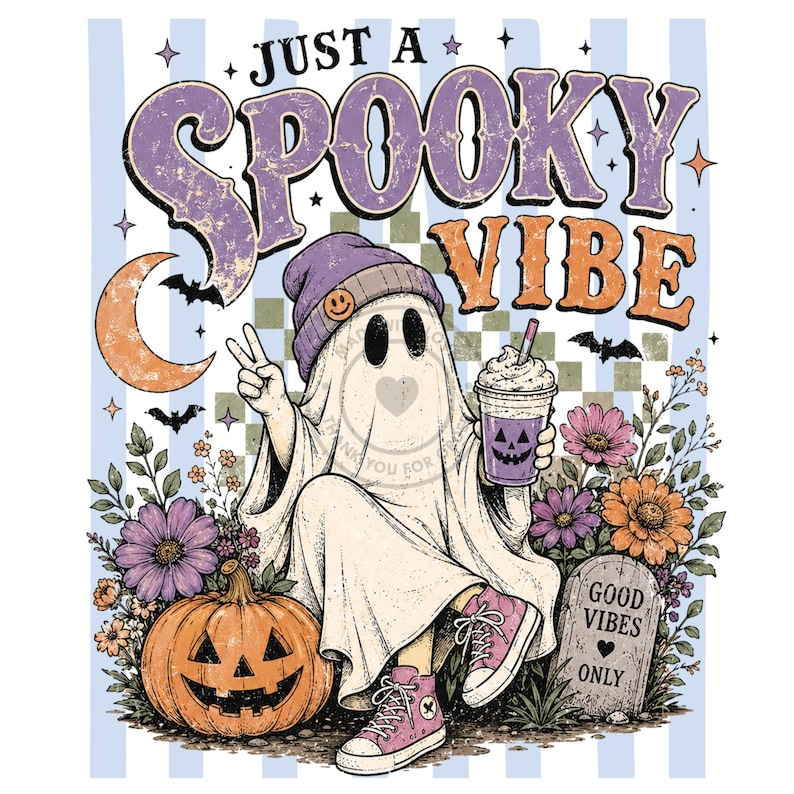 May include: A graphic illustration featuring a ghost wearing a purple beanie and pink sneakers, holding a jack-o'-lantern cup. The text reads JUST A SPOOKY VIBE. Includes a pumpkin, flowers, bats, a crescent moon, and a tombstone labeled GOOD VIBES ONLY.