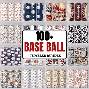 Op de afbeelding: Een digitale collectie van meer dan 100 bekerontwerpen met een honkbalthema, voorzien van diverse patronen zoals honkballen, knuppels, handschoenen, Amerikaanse vlaggen, luipaardprints en de tekst 100+ BASE BALL TUMBLER BUNDLE in het midden.