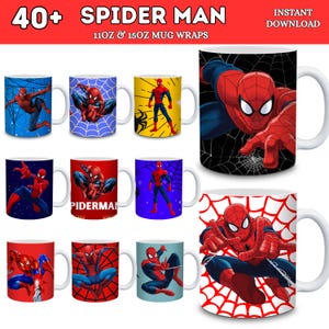 May include: A collection of white ceramic mugs featuring various Spider-Man designs. The mugs showcase the superhero in action poses against backgrounds of webs, cityscapes, and solid colors. Text on the image reads "40+ SPIDER MAN 11OZ & 15OZ MUG WRAPS" and "INSTANT DOWNLOAD."