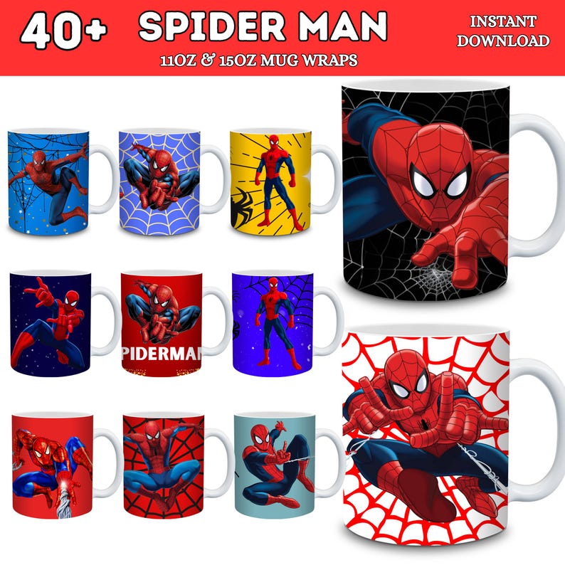 May include: A collection of white ceramic mugs featuring various Spider-Man designs. The mugs showcase the superhero in action poses against backgrounds of webs, cityscapes, and solid colors. Text on the image reads "40+ SPIDER MAN 11OZ & 15OZ MUG WRAPS" and "INSTANT DOWNLOAD."