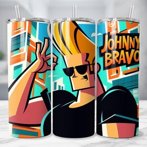 May include: Three stainless steel tumblers with straws, each featuring a vibrant cartoon design of Johnny Bravo. The artwork includes Johnny Bravo in sunglasses, with the text "JOHNNY BRAVO" in orange and white. The background has a cityscape design.