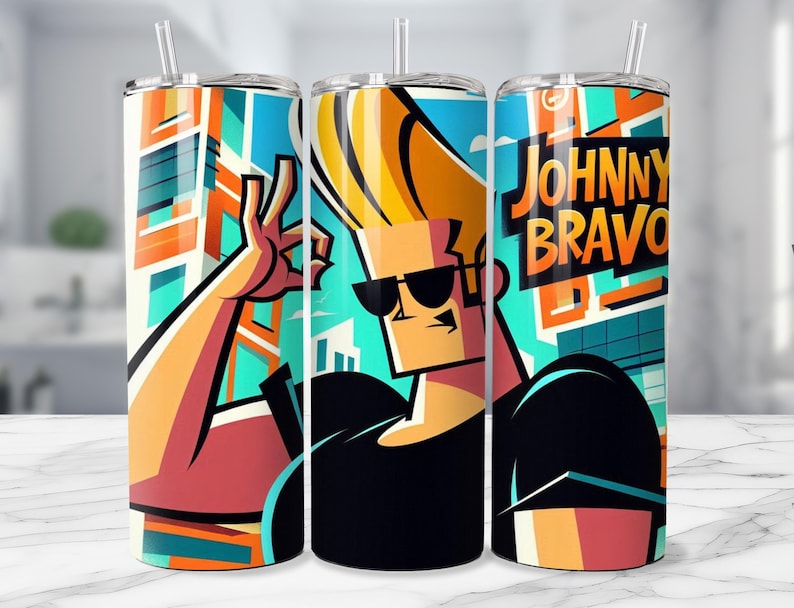 May include: Three stainless steel tumblers with straws, each featuring a vibrant cartoon design of Johnny Bravo. The artwork includes Johnny Bravo in sunglasses, with the text "JOHNNY BRAVO" in orange and white. The background has a cityscape design.