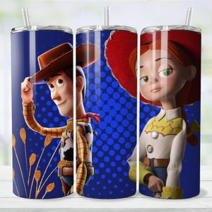 May include: Three stainless steel tumblers with images of Woody and Jessie from Toy Story. The tumblers have a blue background with a pattern of small blue circles. Each tumbler has a silver straw and lid.