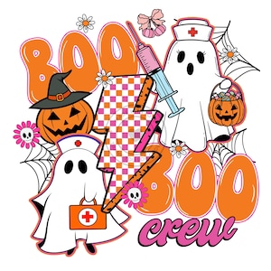 May include: A graphic design featuring the text BOO BOO crew in orange and pink. Elements include two white ghosts, one wearing a nurse cap and holding a pumpkin bucket, the other holding a medical kit, a jack-o'-lantern, a syringe, and a lightning bolt.