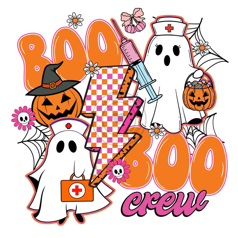 May include: A graphic design featuring the text BOO BOO crew in orange and pink. Elements include two white ghosts, one wearing a nurse cap and holding a pumpkin bucket, the other holding a medical kit, a jack-o'-lantern, a syringe, and a lightning bolt.