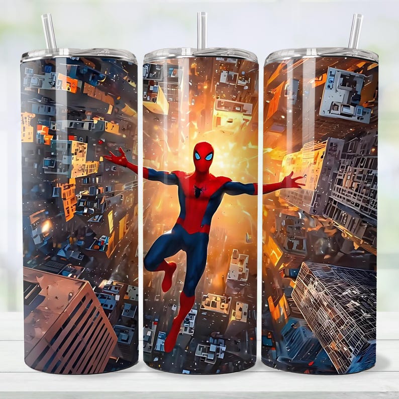 May include: A stainless steel tumbler with a striking design of Spider-Man flying over a city. The tumbler displays the superhero in his red and blue suit, set against a backdrop of buildings and a bright, glowing sky. Includes a clear straw.