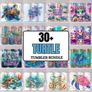 May include: A digital collection of 30+ cylindrical tumblers featuring colorful illustrations of sea turtles in various underwater and floral settings, with the text 30+ TURTLE TUMBLER BUNDLE displayed prominently in the center of the image.