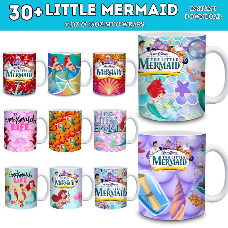 Puede incluir: Colecci&oacute;n de tazas de cer&aacute;mica blanca con dise&ntilde;os de "La Sirenita" de Disney. Las tazas muestran varias escenas y personajes, incluyendo a Ariel, y el logo de la pel&iacute;cula. El texto "30+ LITTLE MERMAID" est&aacute; en la parte superior.