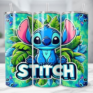 May include: A set of three stainless steel tumblers featuring a blue cartoon character, Stitch, surrounded by green leaves. The word "STITCH" is prominently displayed in white and blue. Each tumbler has a straw.