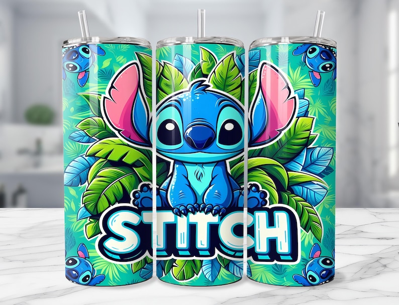 May include: A set of three stainless steel tumblers featuring a blue cartoon character, Stitch, surrounded by green leaves. The word "STITCH" is prominently displayed in white and blue. Each tumbler has a straw.