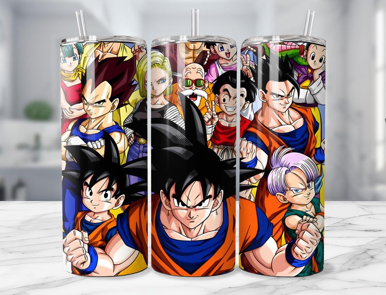 May include: Three stainless steel tumblers with a colorful anime-style design featuring various characters. Each tumbler has a clear straw and a vibrant, detailed illustration of the characters in action poses.