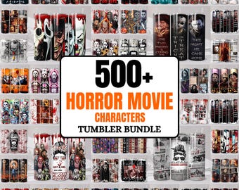 Más de 500 diseños de vasos delgados de 20 oz con temática de terror (paquete PNG), envolturas PNG para vasos con temática de películas de Halloween para sublimación, vasos con temática de películas de terror, descarga digital.