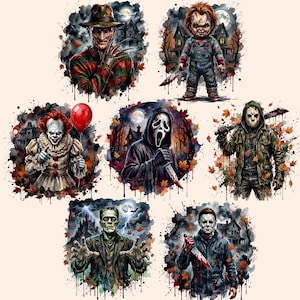 May include: A collection of seven horror movie character illustrations featuring Freddy Krueger, Chucky, Pennywise with a red balloon, Ghostface, Jason Voorhees, Frankenstein's monster, and Michael Myers, all set against dark, autumnal, watercolor-style backgrounds.