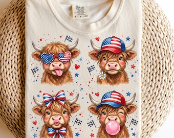 4 juli Highland Cow png, 250-årsjubileum png, västerländsk 4 juli png, amerikansk flagga png, USA png, barn 4 juli, konstgjord paljett
