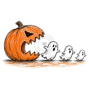 May include: A sketch-style illustration featuring a large orange jack-o'-lantern with a wide, jagged mouth open as if to consume three small, white, wide-eyed ghosts that are floating in a line toward the pumpkin's open mouth.