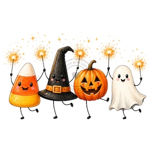 May include: A cartoon illustration featuring a candy corn, a black witch hat, a jack-o'-lantern, and a white ghost, all with smiling faces and thin black limbs. Each character holds a glowing gold sparkler against a white background.