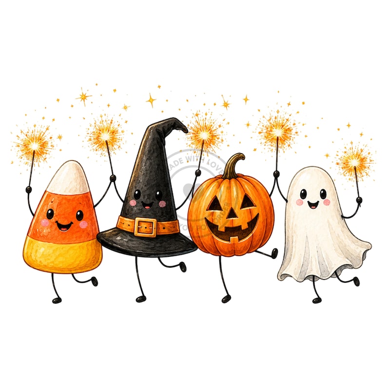 May include: A cartoon illustration featuring a candy corn, a black witch hat, a jack-o'-lantern, and a white ghost, all with smiling faces and thin black limbs. Each character holds a glowing gold sparkler against a white background.