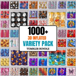 May include: A selection of 3D inflated tumblers showcasing a range of designs, such as cartoon characters, patterns, and seasonal motifs. The image displays a variety pack with the text "1000+ 3D INFLATED VARIETY PACK TUMBLER BUNDLE".