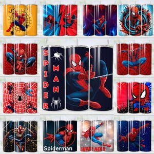 May include: A selection of stainless steel tumblers, each decorated with different Spider-Man designs. The tumblers display Spider-Man in dynamic poses, comic book art, and the character's emblem. The colour scheme includes red, blue, and black.