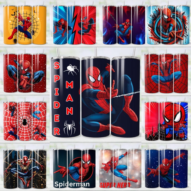 May include: A selection of stainless steel tumblers, each decorated with different Spider-Man designs. The tumblers display Spider-Man in dynamic poses, comic book art, and the character's emblem. The colour scheme includes red, blue, and black.