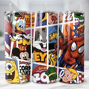 May include: Three stainless steel tumblers with comic book-style graphics featuring cartoon characters like Donald Duck, Bugs Bunny, Mickey Mouse, Spider-Man, and SpongeBob SquarePants. Each tumbler has a clear straw.