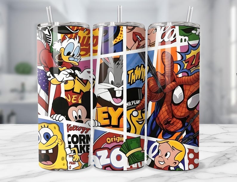 May include: Three stainless steel tumblers with comic book-style graphics featuring cartoon characters like Donald Duck, Bugs Bunny, Mickey Mouse, Spider-Man, and SpongeBob SquarePants. Each tumbler has a clear straw.