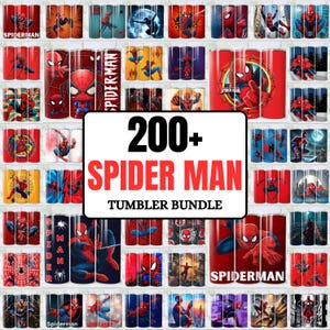 May include: A selection of Spider-Man themed tumblers, showcasing diverse designs and illustrations of the superhero. The tumblers are in various colours, including red, blue, and black. The text "200+ SPIDER MAN TUMBLER BUNDLE" is displayed.