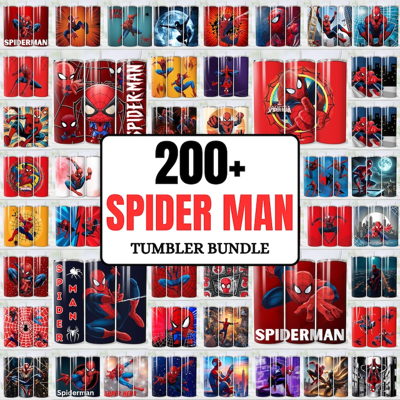May include: A selection of Spider-Man themed tumblers, showcasing diverse designs and illustrations of the superhero. The tumblers are in various colours, including red, blue, and black. The text "200+ SPIDER MAN TUMBLER BUNDLE" is displayed.