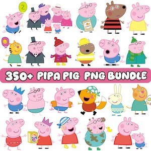 Può includere: Una collezione di personaggi dei cartoni animati, principalmente maiali, in vari abiti e pose. L'immagine include il testo "350+ PIPA PIG PNG BUNDLE" in uno striscione rosa. I personaggi sono di colori vivaci.