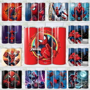 May include: A selection of stainless steel insulated tumblers with Spider-Man graphics. The tumblers display the superhero in action, with vivid colours and dynamic backgrounds. Some tumblers feature the text "Ultimate Spider-Man".